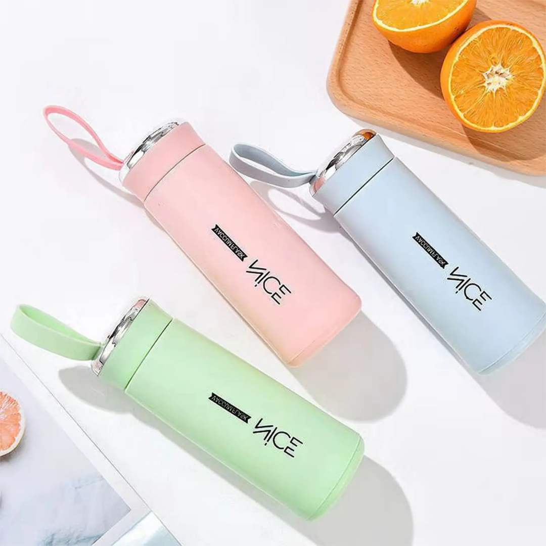 NICE Series Premium Glass Vacuum Flask – 400ml Double-Wall Insulated Travel Water Bottle with Silicon Strap